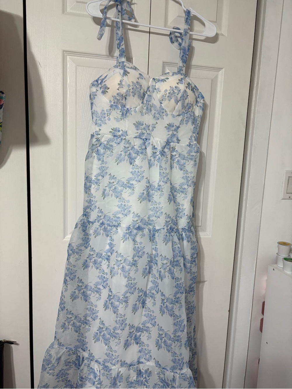 Source Unknown White Maxi Dress with Blue Floral Print